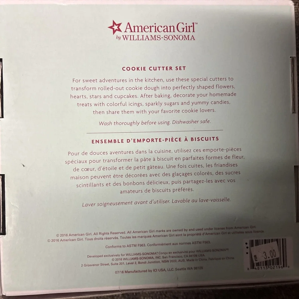 2018 Williams Sonoma AMERICAN GIRL Cookie Cutters Set Of 4